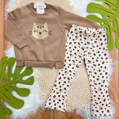 Conj. Casaco de Moletom Tigresa Dourada e Calça Legging Flare - Marrom